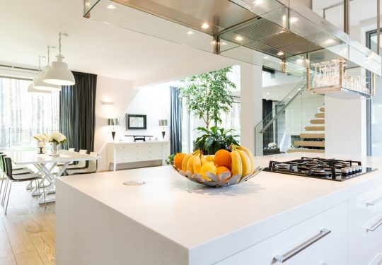 Well-lighted space of open plan kitchen